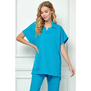 Turquoise Textured Drop Shoulder w/Collar TOP