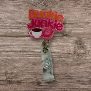Donut Junkies Fun Badge Reels with Glitter Donut and Coffee Cup Design for Donut Lovers