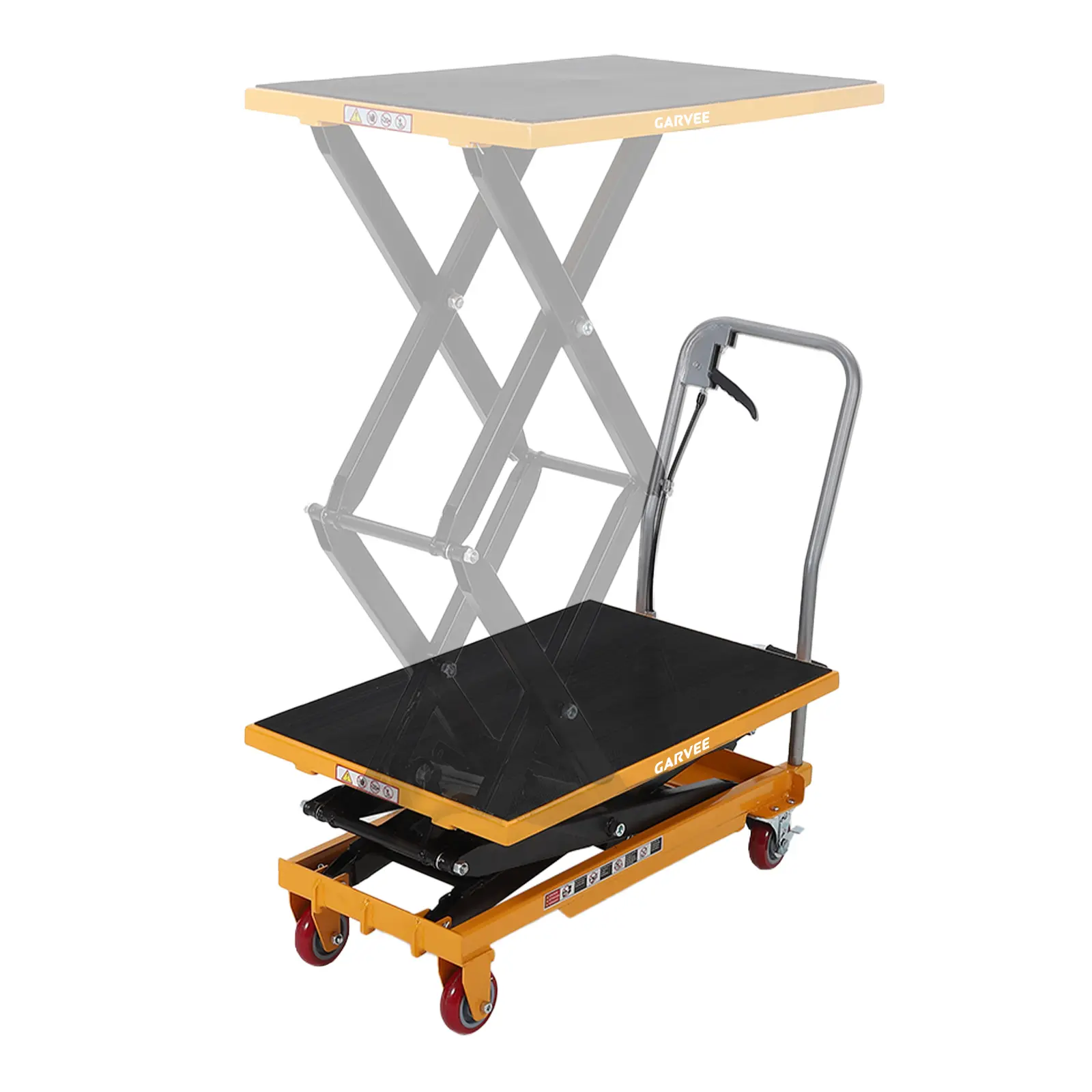 Garvee Manual Hydraulic Lift Table Cart with Manual Pump - Steel Frame, 500 lbs Capacity, 28.7 in Max Height Adjustment, Single Scissor Mechanism, Non-Slip Pad, 4 Smooth Wheels, Reflective Strips - Heavy Duty Industrial Tool for Warehouse, Workshop