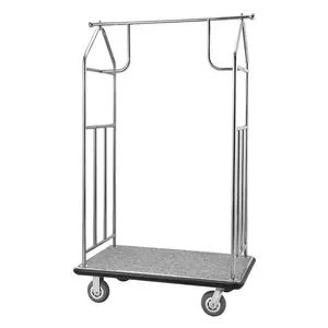 fathersdaygift VEVOR Hotel Luggage Cart, 800 LBS Load Capacity, Brushed Stainless Steel Finish Bellman's Cart, Valet Cart with Grey Carpeted Deck and 6-inch Rubber Wheels, Ideal for Hotels, Condos, Resorts, Silver