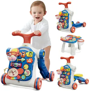 HYES 5 In 1 Baby Push Walker, Sit to Stand Activity Center, Early Learning Push Toy for Infants Ages 12 Months & Up, Walking Training Gift for Toddler Boys and Girl, Blue,Red