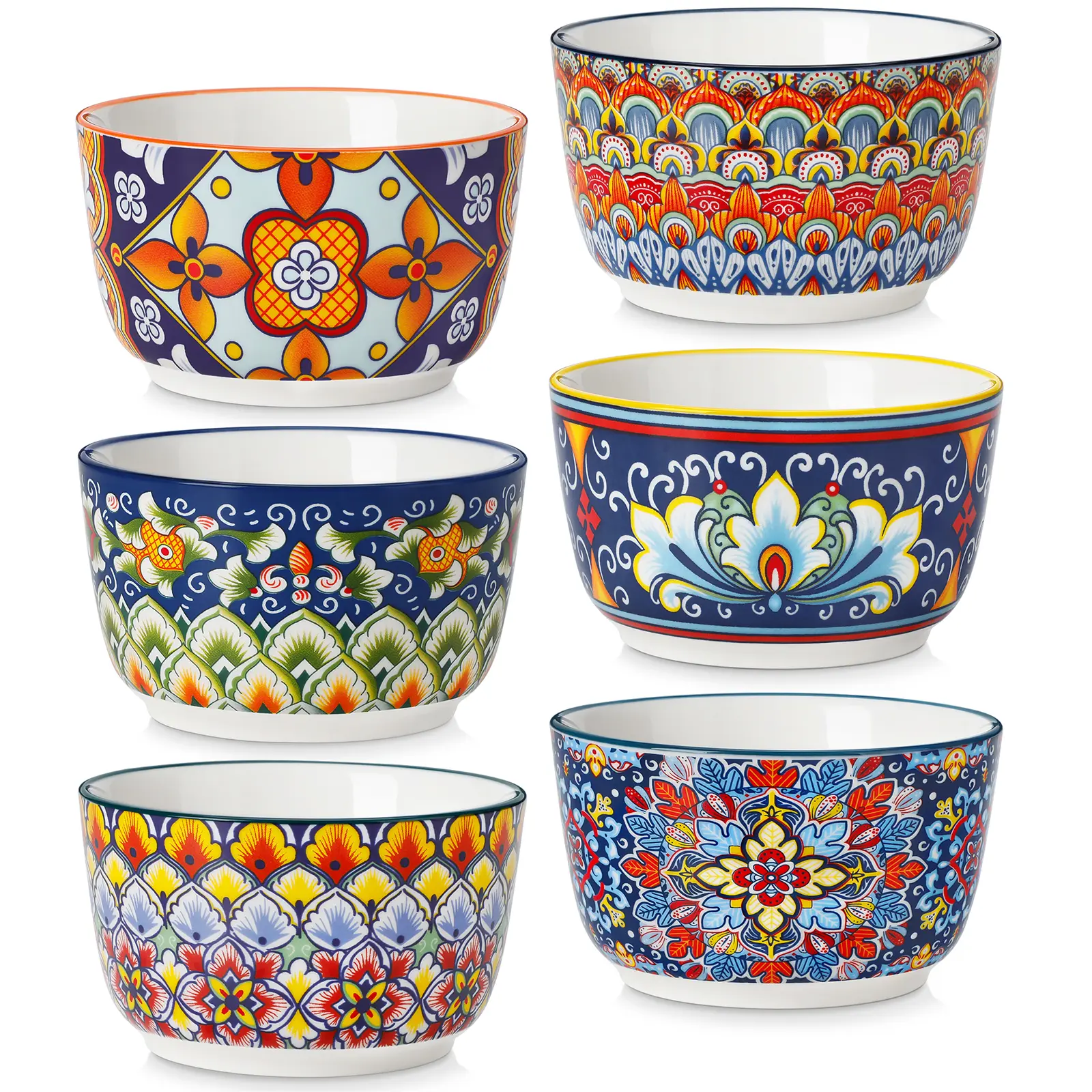 vancasso 4/6/8 Oz Ramekins Oven Safe Set of 6, Bohemian Creme Brulee Ramekins, Colorful Souffle Dishes, Pudding Custard Cups for Baking, Small Ceramic Bowls for Dipping Sauce, Ice Cream Porcelain Dinnerware