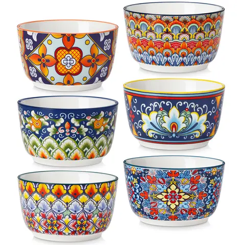 vancasso 4/6/8 Oz Ramekins Oven Safe Set of 6, Bohemian Creme Brulee Ramekins, Colorful Souffle Dishes, Pudding Custard Cups for Baking, Small Ceramic Bowls for Dipping Sauce, Ice Cream Porcelain Dinnerware