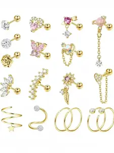 Trendy 18 Pcs Golden Cartilage Earrings Stylish Stainless Steel Stud Earrings Hypoallergenic Post Earrings for Women Men Fashionable Earrings Sweet Flower Heart Leaf Hypoallergenic Screw Back Earrings CZ Tragus Couch Helix Piercing Jewelry Set