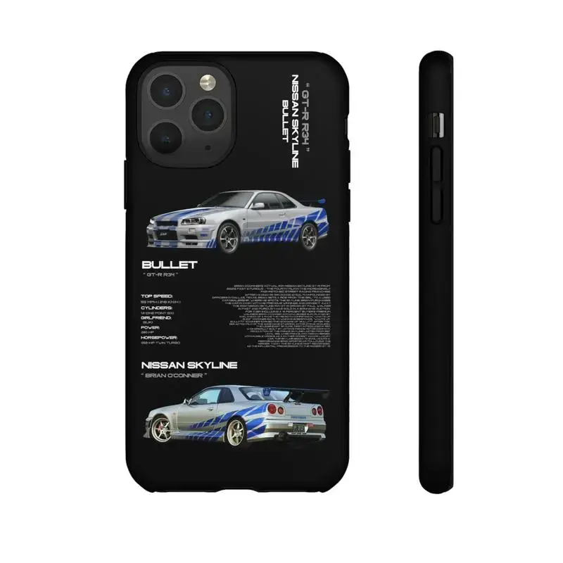 TURBO BULLIT Nissan GTR R34 Themed Shockproof Waterproof Rubber Phone Case - Durable Casing Cover, Mobile Phone Accessories for iPhone 16,15,14,13,12,11 Pro Max, Water Proof, Protective
