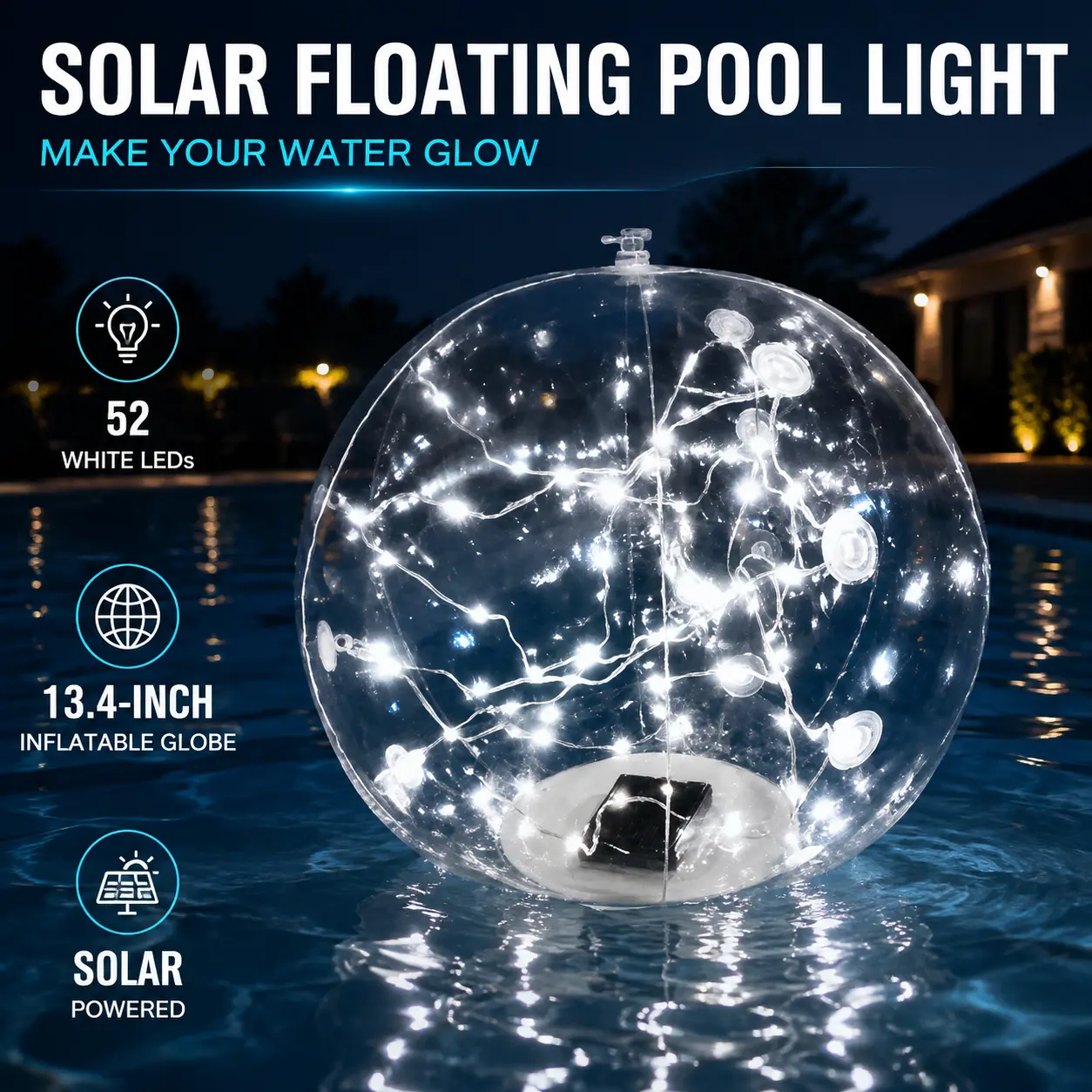 Solar Floating Pool Light, 52 LED 13.4-Inch Inflatable Clear Globe with White Fairy Lights, Solar-Powered Floating Water Ball for Swimming Pool, Pond, Wedding and Party Decor