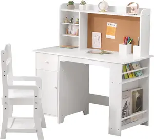 Gaomon White MDF Wood Study Desk and Chair Set - With Bookshelf, Bulletin Board, Cabinets, Round Edges, Ideal for 3-8 Year-Old Kids