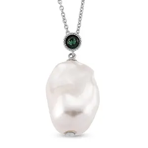 White Shell Pearl, Cubic Zirconia Pendant in Silvertone with Stainless Steel Necklace 20 Inches