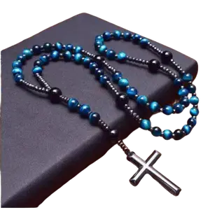 Flash & Finesse Men's 8mm Natural Tiger Eye & Black Obsidian Beaded Cross Gems Necklace - Handmade Christian Religious Jewelry for Protection, Faith - Daily Spiritual Gift for Him