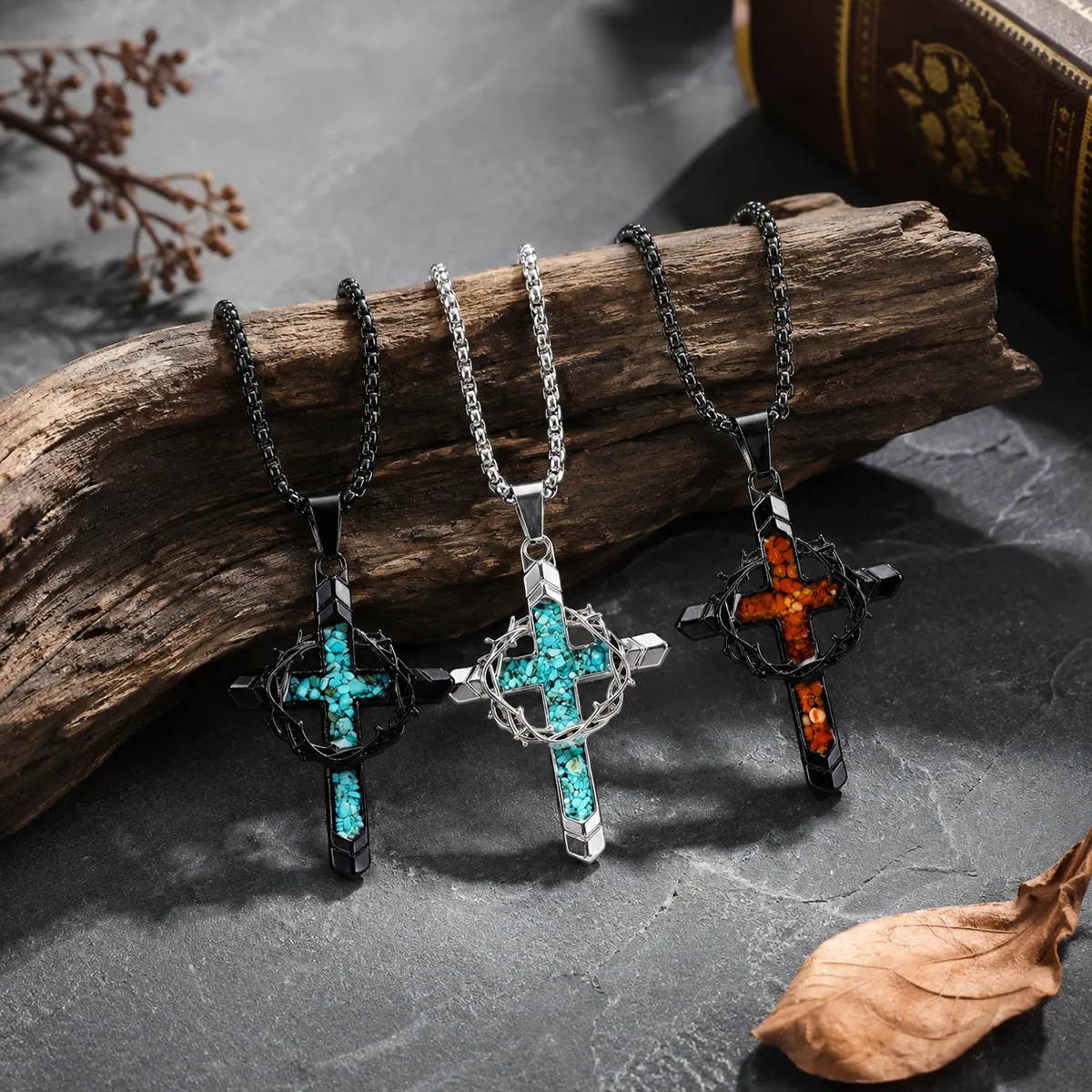 Gothic Thorn Wreath Cross Necklace, Handmade Stainless Steel Pendant with Turquoise on a Chunky Chain, Bold Unisex Design, Cross Necklaces, Bold Cross Design
