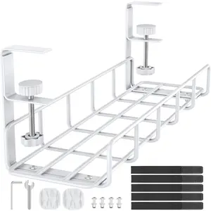 15.7" Under Desk  Management Tray, No Drill Heavy Duty Steel Standing Desk  Management, Wire Management Tray  Rack with Clamp Mount, Adjustable Metal Under Desk Tray (White, 1 Pack)