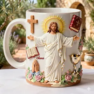 Christian Mug Personalized Name Ceramic Coffee Cup Religious Relief Design 2D printed design with a realistic 3D visual effect. Cross Bible Prayer Faith Artwork Durable Glossy Finish for Women Men m Communion Easter Christmas Gift
