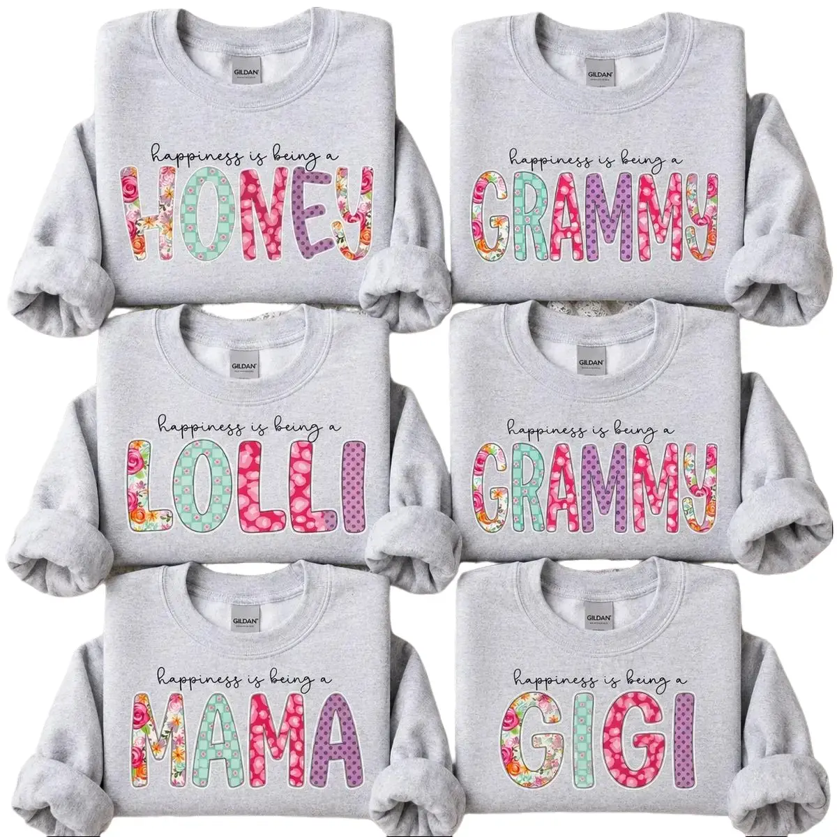 Personalized Grandma Sweatshirt, Happiness Is Being A Honey Grammy Lolli Mama Gigi Floral Crewneck, Cute Gray Grandmother Shirt, Mother’s Day Gift, Birthday Gift for Grandma, New Grandma Family Matc