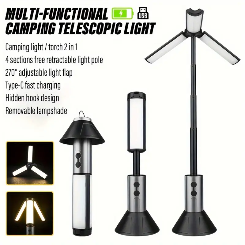 2-in-1 Telescopic Camping Lantern, Rechargeable 3000mAh Lithium-ion Light with Removable Lampshade, 270° Adjustable Beam & Hook - Outdoor Hiking Gear & Travel Accessories