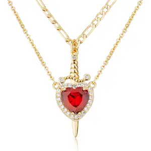 MEIITRUE 14K Gold Plated Heart Pendant Necklaces for Women Men, Zirconia Dagger Cross Pendant Necklace, Elegant Jewelry Gift for Couples