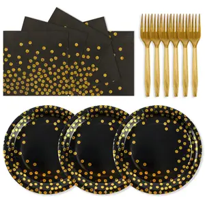 75PCS Black and Gold Party Tableware Set – Includes Plates, Napkins, and Forks for 2025 Graduation, Birthday, or Wedding Celebrations, Serves 25 Guests