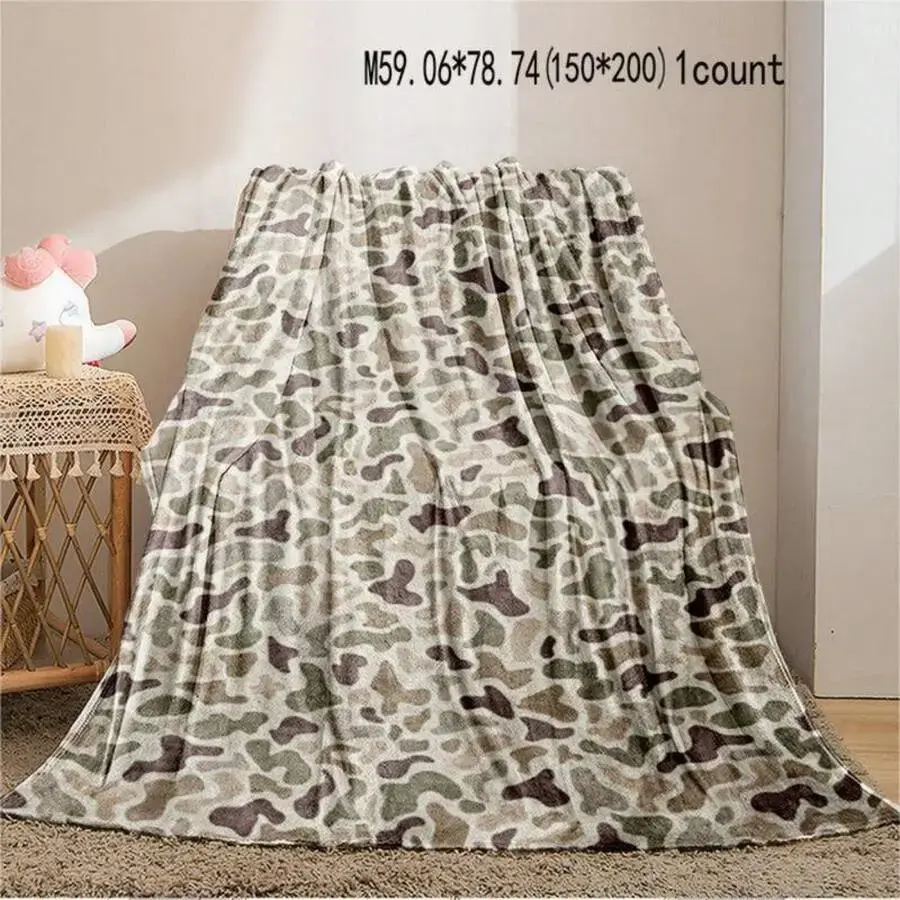 Flannel Camouflage Blanket with Dino Detail - Army Green, Field Theme, Tactical Look, Flannel Softness, Cooling Print, Outdoor Indoor Use for Couch Bed Office Dorm, Boyfriend Gift