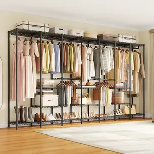 【CategorySelect】ONBRILL F7 Extra Large Industrial Pipe Clothing Rack - Portable Freestanding Apartment Furniture Closet Organizer with Shelves, Hanging Rods, 122.0'' Wide Heavy-Duty Design, Max Load 1650lbs