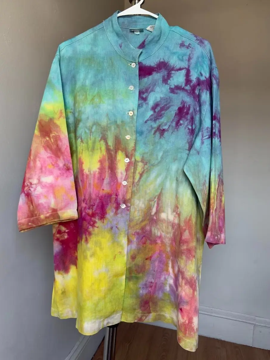 Women’s XL-XXL pastel rainbow button up blouse med sleeve standing collar linen shirt