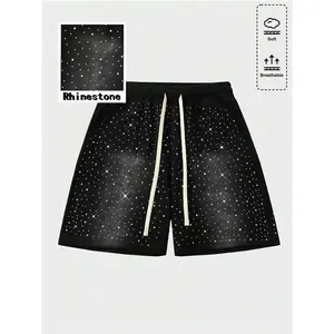 Unisex Y2k Rhinestone Shorts Drawstring Elastic Waist Summer Streetwear Shorts with Pockets