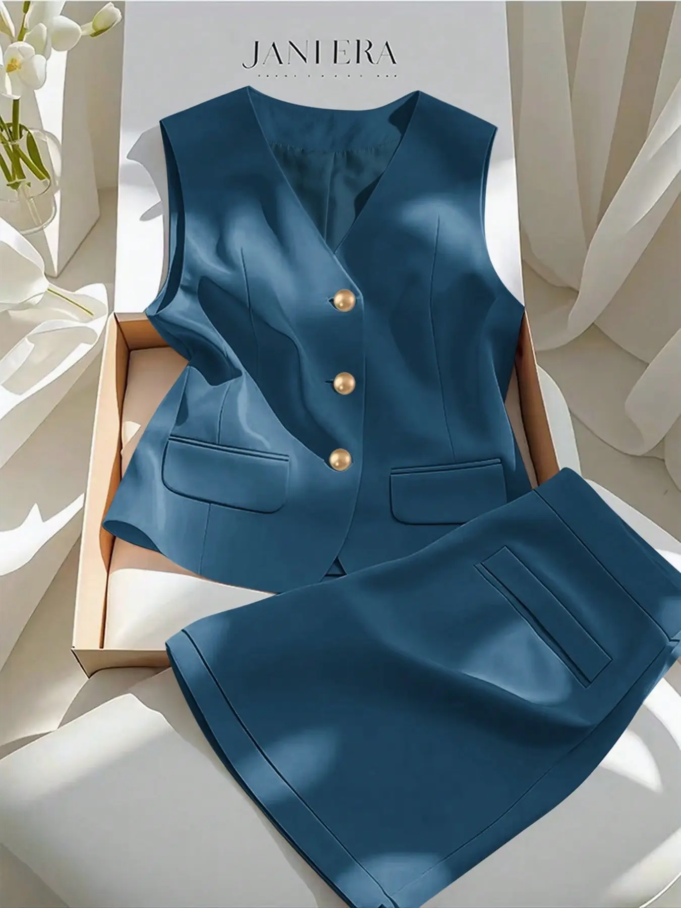 2PCS Women's Two-Piece Set Suits, Plain Color Vest & Shorts, High-Quality Commuter Fashion, Professional Style, Simple & Elegant, Women's Clothing
