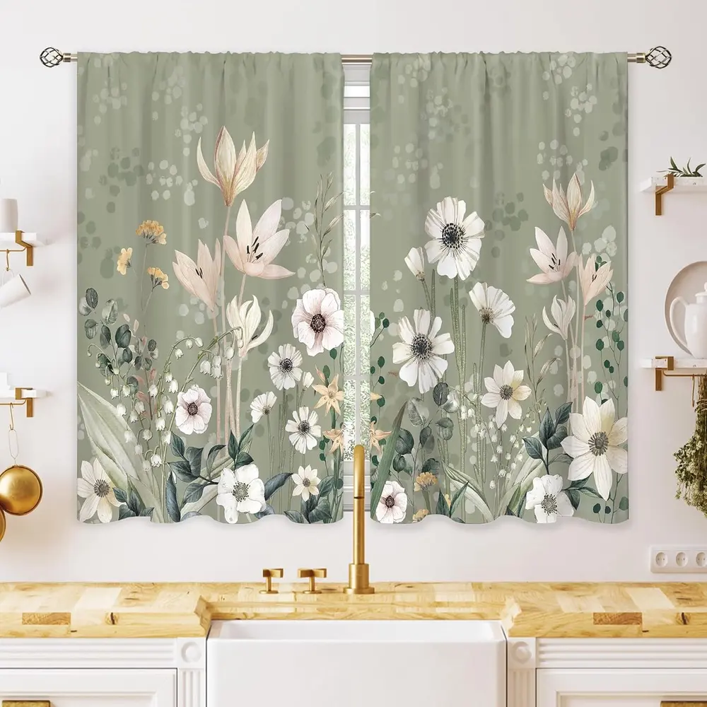 Green Boho Flower Small Kitchen Curtains Flower Plant Window Treatment Botanical Herb Chic Rod Pocket Cafe Short Window Curtains for Bathroom Dining Room Tier Treatment Drapes 52*63,Summervibes