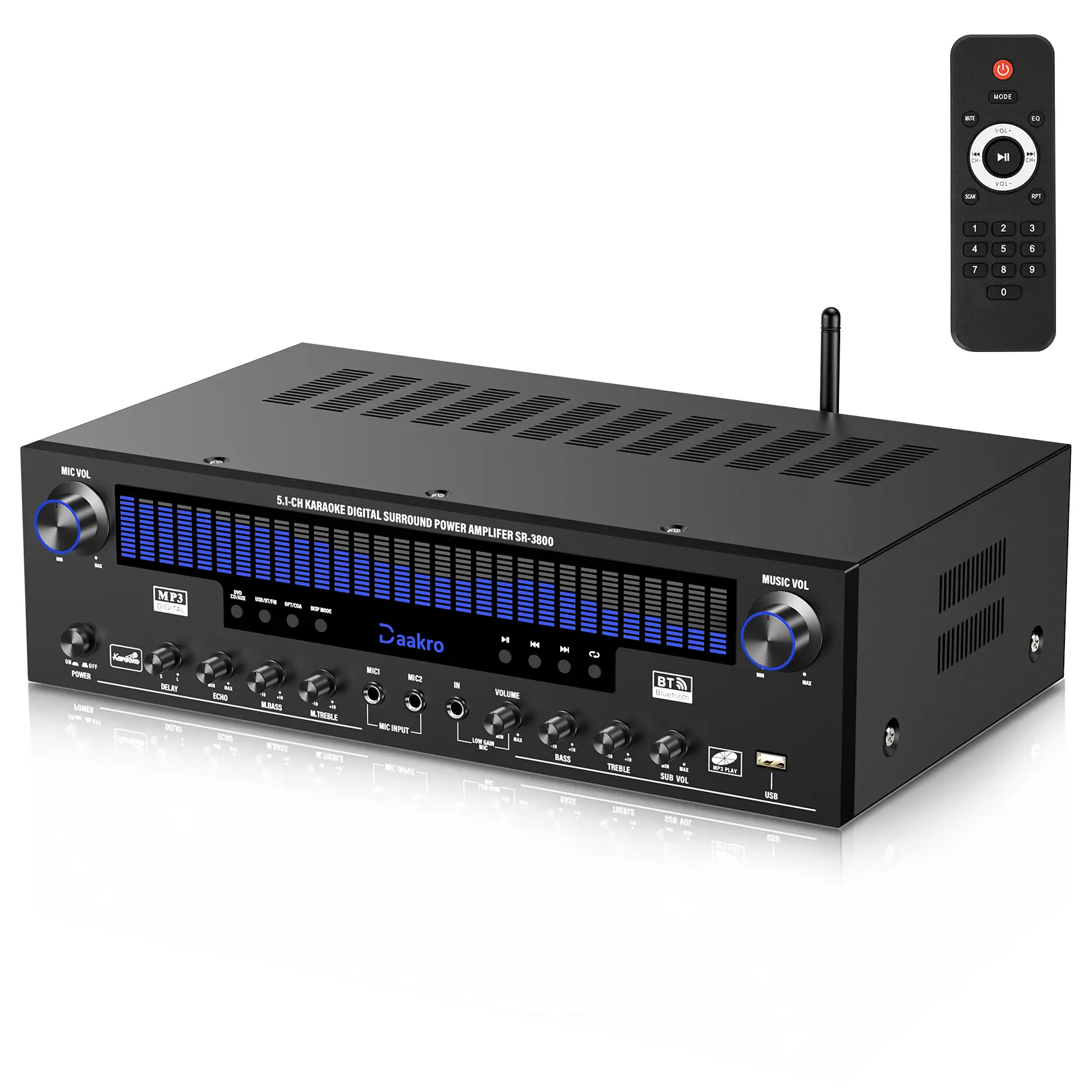 Daakro Stereo Receivers Home Audio Amplifier w/DSP Display,300W Rated Power 5.1 Channel Bluetooth Receiver,Home Amp w/BT/CD/DVD/AUX/USB/BT/FM/Opt/COA/MIC for Home/Studio/Theater Passive Speaker