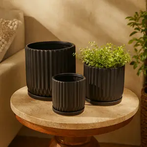 Set of 3 Ceramic Ribbed Indoor Outdoor Planter with Attached Saucer