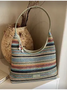 Fashionable Casual Colorful Striped Straw Shoulder Bag For Women Summer Beach Tote Crossbody Bag