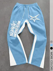 Men's Casual Color Block Letter Print Drawstring Waist Sweatpants, Men's Star Print Sweatpants, Colorblock Sweatpants, Street Wear Pants, For Rave, Back To School, Athleisure Style Bottoms