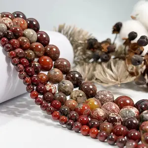 Natural Red Flower Jasper Gemstone Smooth Round Loose Beads For DIY Jewelry Making Desig Handmade Crafts Bracelet, Necklace, Earrings AAA Quality 15.5 Inches Long, Semi Precious Stone, Spacer beads