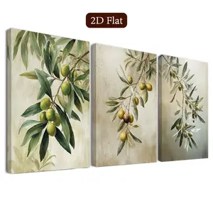 3 Piece Olive Branch Framed Wall Art Set, Mediterranean Canvas Poster, Vintage Artistic Decorative Print, Natural Elegant Poster, Home Office Bathroom Decor