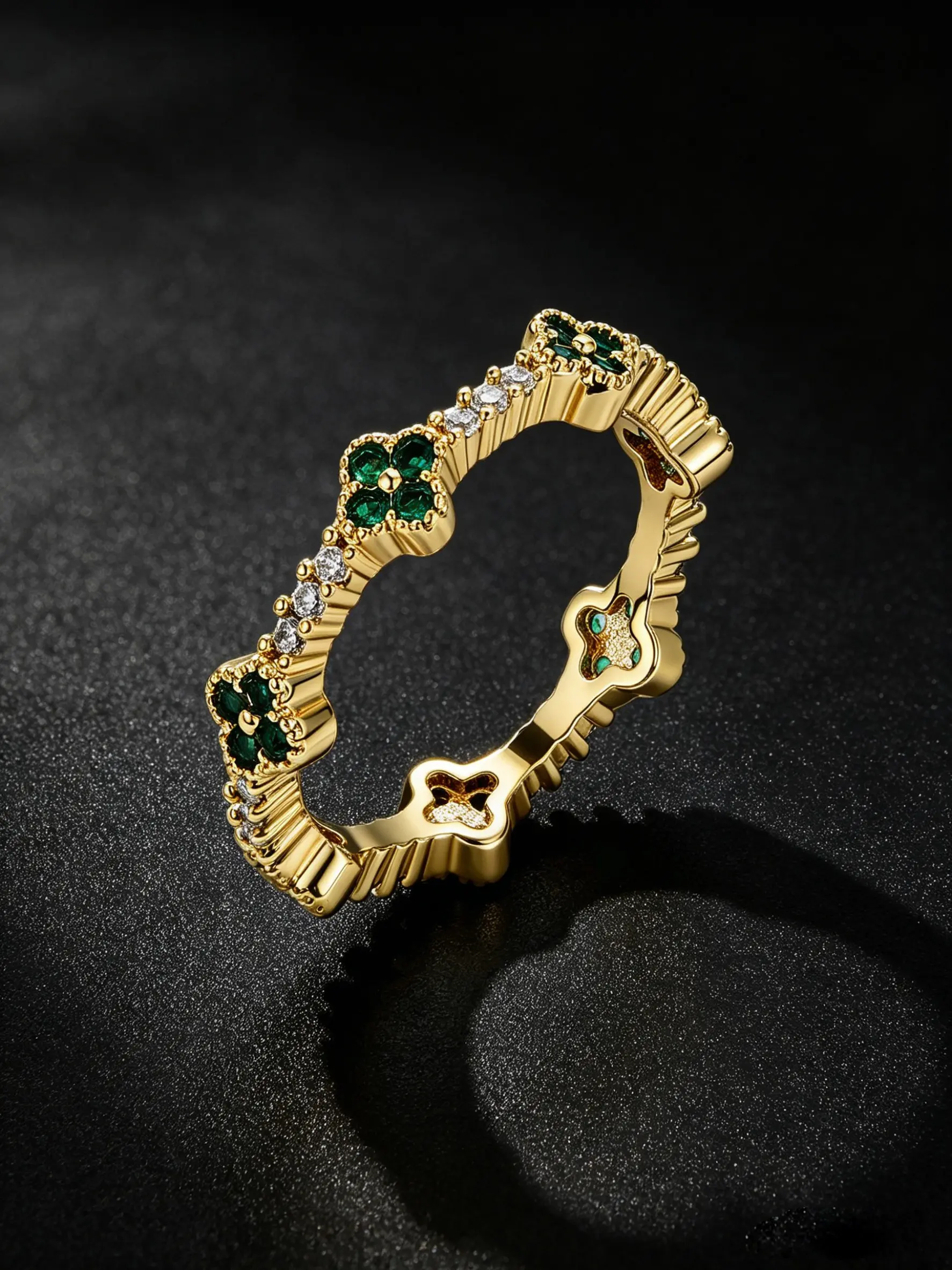 Women Clover Stackable Band Ring, Inlaid Shiny Zircon & Multi‑Color Simulated Gemstone, Vintage Beaded Edge Eternity Ring, Classic Engagement Wedding Finger Ring, Gold‑Tone & Silver‑Tone Available, Fashion Lay‑ering Match Choice, Sweet Valentine Gift