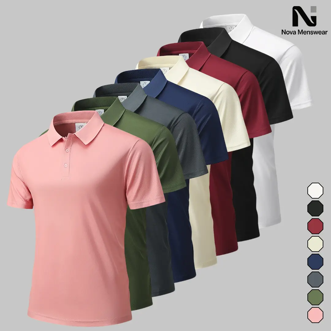 Men's Solid Ice Silk Short Sleeve Polo Shirts, Classic Lapel 2 Button Business Casual Tops, Breathable Quick Dry Lightweight Summer Uniform Tees, Slim Fit Minimalist Work Polo Tops for Men, Mens Ice Silk Polo Shirts Bulk