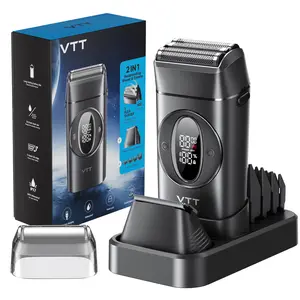 VTT Men's 2-in-1 Electric Shaver & Beard Trimmer — IPX7 Fully Waterproof, 3-Speed ​​9000 RPM High-Speed ​​Motor, Replaceable Titanium Alloy Blades, LED Digital Display, USB-C Charging Dock, Supports Wet & Dry Use