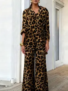 Two-piece casual outfit set of women's full leopard print wide-leg trousers version trousers Long Sleeve shirt is a lapel single-breasted design two-piece suit, suitable for autumn and winter, retro style, modern cool style, suitable for parties