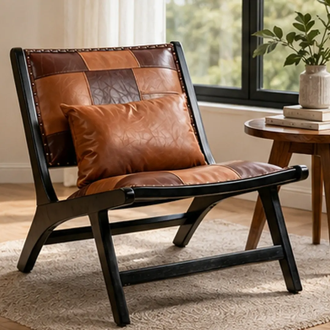 Modern Boho Accent Chair Mid Century Lounge Chair for Living Room Indoor PU Leather Armchair with Solid Wood Frame Antique Brown Side Chair Reading Chair Bedroom Patio, Antique brown Color Options, PU Leather Material, Product Dimensions: