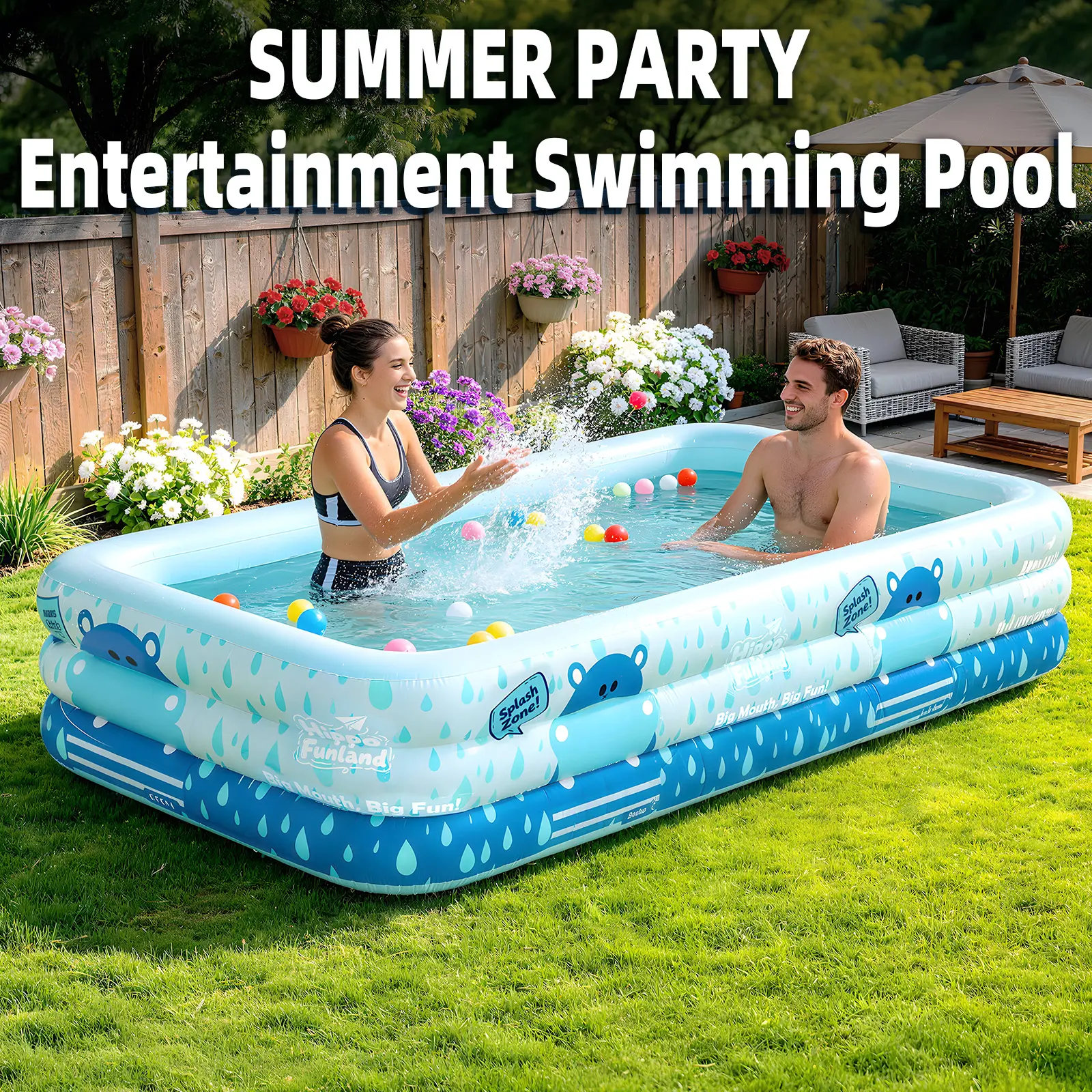 Rectangular Inflatable Swimming Pool for Adults and Family, 3-Tier Oversized Thick PVC Design, Leak-Proof for Backyard Summer Parties and Outdoor Water Fun