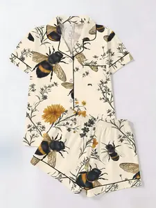 Women's Bee Daisy Floral Print Short Sleeve Shorts Set, Casual Fitted Home Wear Two-Piece Pajamas, All Season Comfortable Sleepwear Loungewear