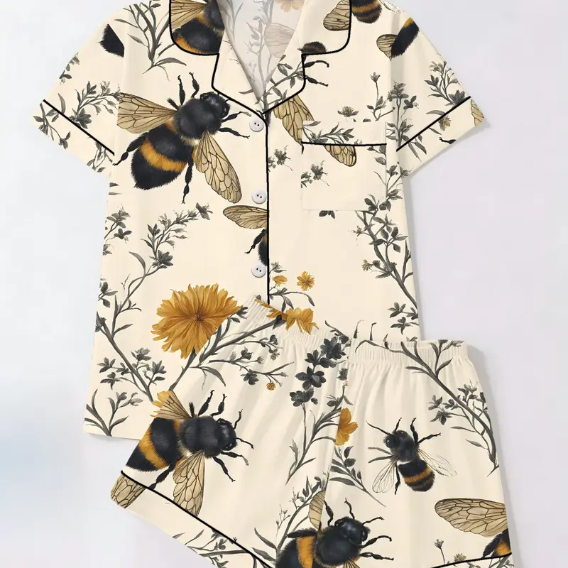 Women's Bee Daisy Print Short Sleeve Shorts Set, Casual Style Fitted Home Wear Two-Piece Pajamas, All Season Comfortable Sleepwear