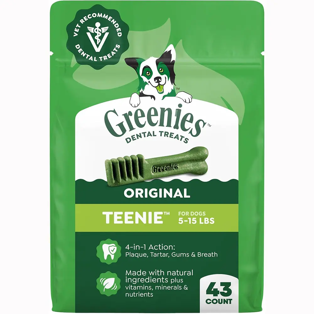 Greenies Teenie Original Natural Dental Dog Treats, Chicken, 43 Count Vet-recommended, cleaner teeth after 28 days, cleans to gumline, for dogs 5-15 lbs, original chicken flavor