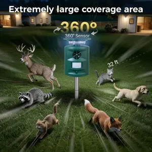 Upgraded 360° solar three-sided ultrasonic outdoor repeller, equipped with a strobe LED light and intelligent motion sensor, detects and gently deters wildlife. Suitable for homes, villas, courtyards, chicken coops, farms, grain silos, and other sites.