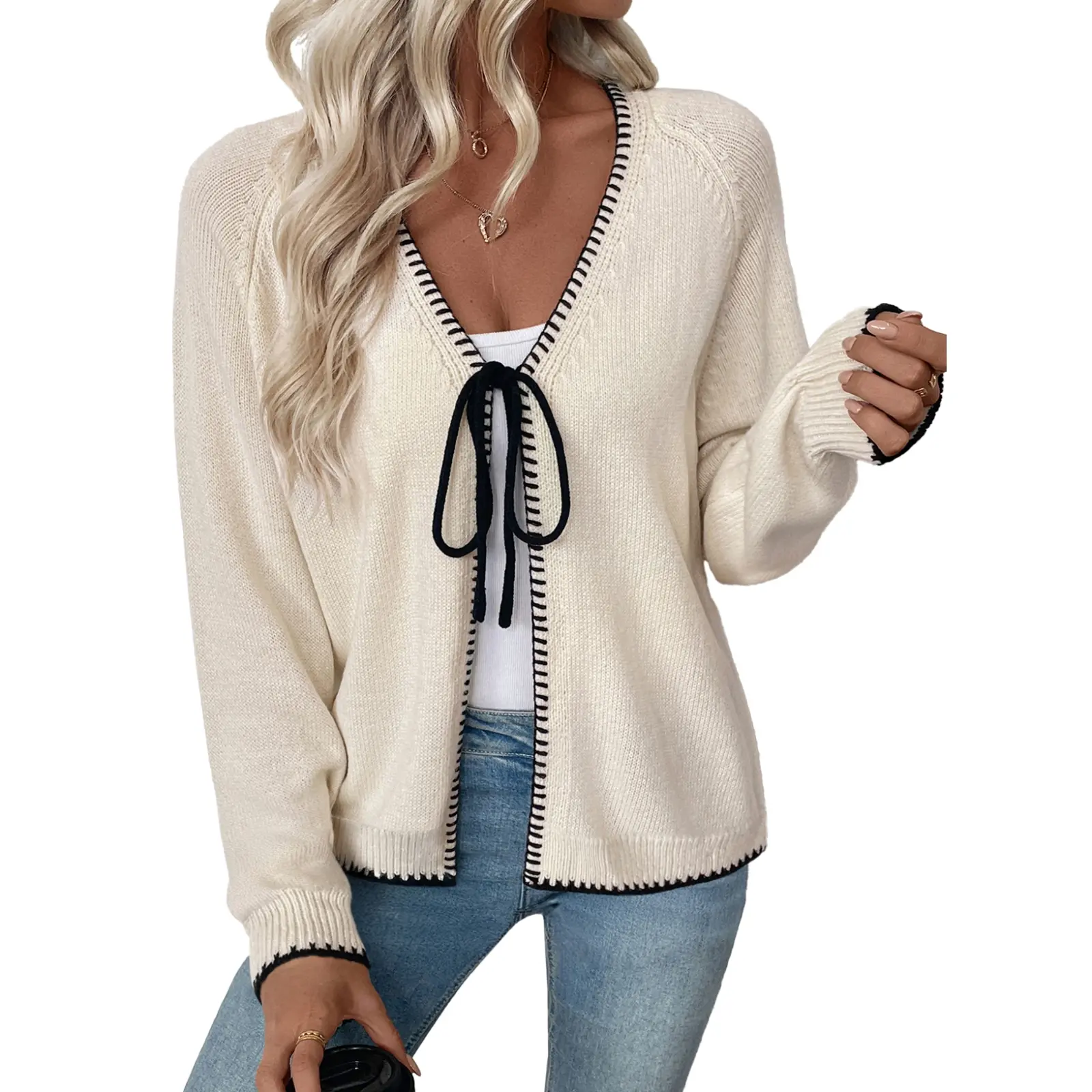 EVALESS Women's Fitted Knit Cardigan Sweater - Trendy V-Neck, Long Sleeve, Open Front with Bow Tie, Chunky Lightweight Fall Outerwear, Beige Casual Top, Knitwear