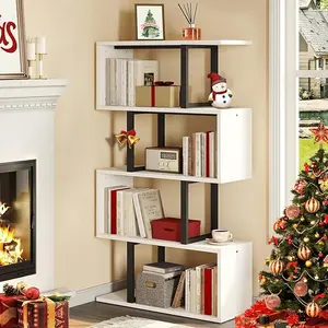 DWVO 5-Tier Bookshelf, S-Shaped Z-Shelf Bookshelves and Bookcase, Modern Freestanding Multifunctional Decorative Storage Shelving for Living Room Home Office, Cream White