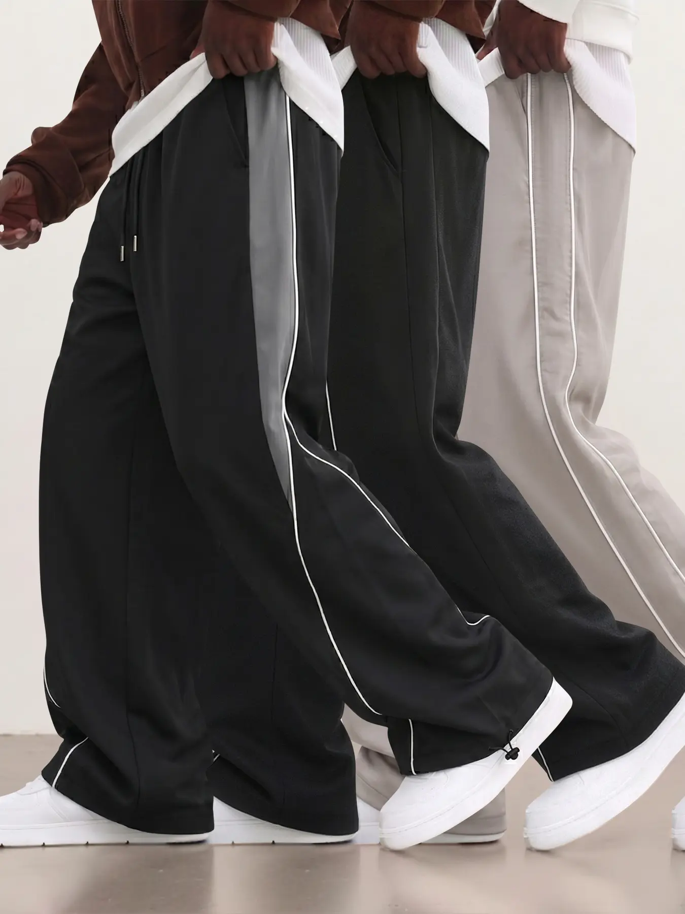 3-pack men’s trendy sports straight-leg pants for spring/autumn, side gray contrast color paneling, urban street fashion versatile casual trousers, lightweight polyester fabric, suitable for everyday workouts.