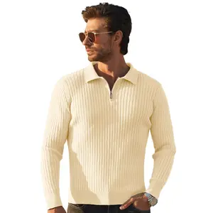 hawalili Mens Quarter Zip Up Sweater Slim Fit Mock Neck Long Sleeve Casual Ribbed Knit Sweater Beige XX-Large