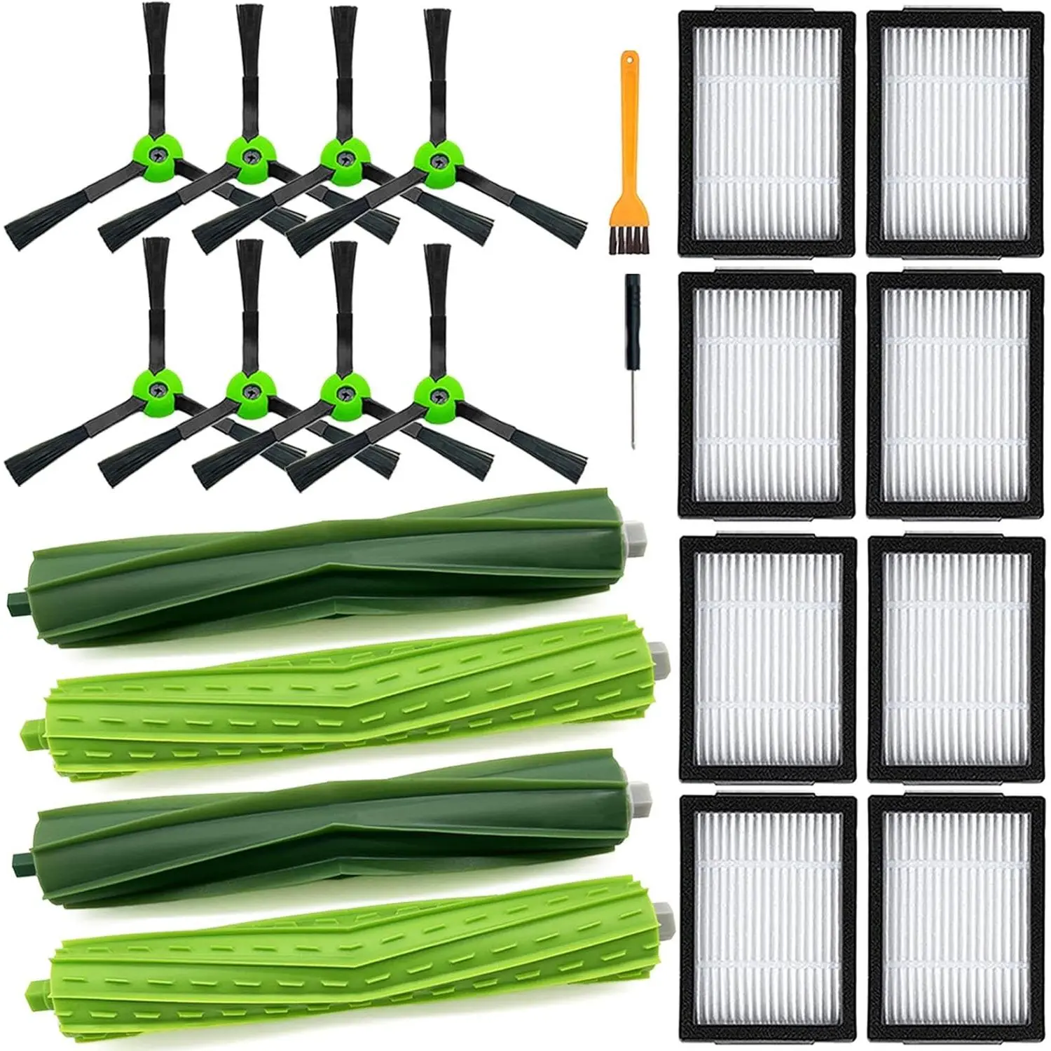 Robot Vacuum Replacement Parts for E,E5-E7,i,i1-i8+/Plus,j Series House Cleaning Robots - 2 Multi-Surface Brush Sets, 8 Filters, 8 Side Brushes, Snap-In Type, Easy Install for HEPA Filter Robotic Vacuums
