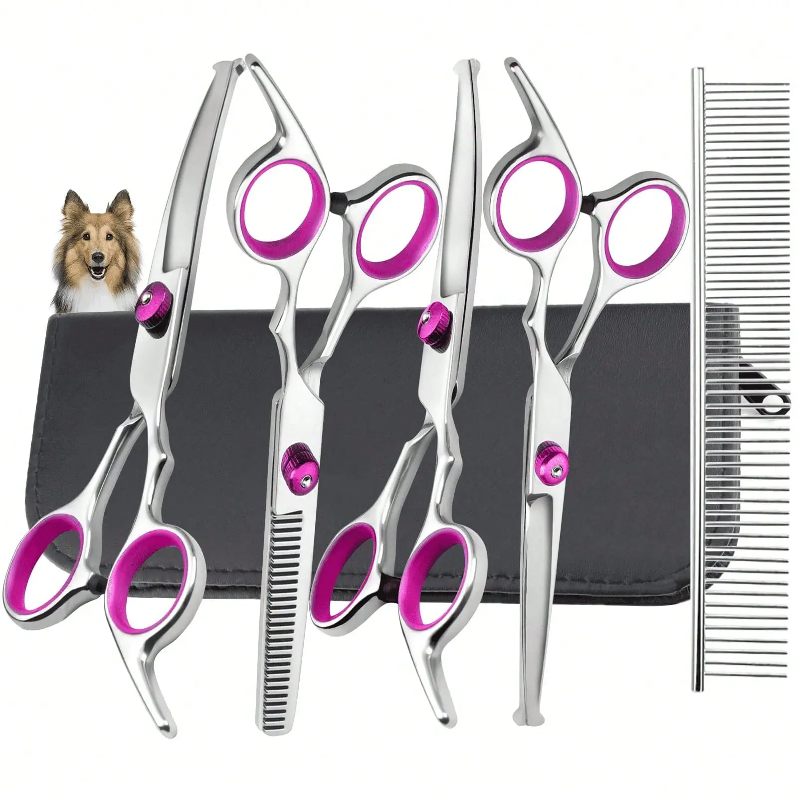 6 In 1 Dog Grooming Scissors Kit, 4CR Stainless Steel & Heavy-Duty, Professional Dog Scissors Grooming/ Safety Round Tips, & Study Grooming Shears Kit Dogs Cats Pets(Blue/Pink)