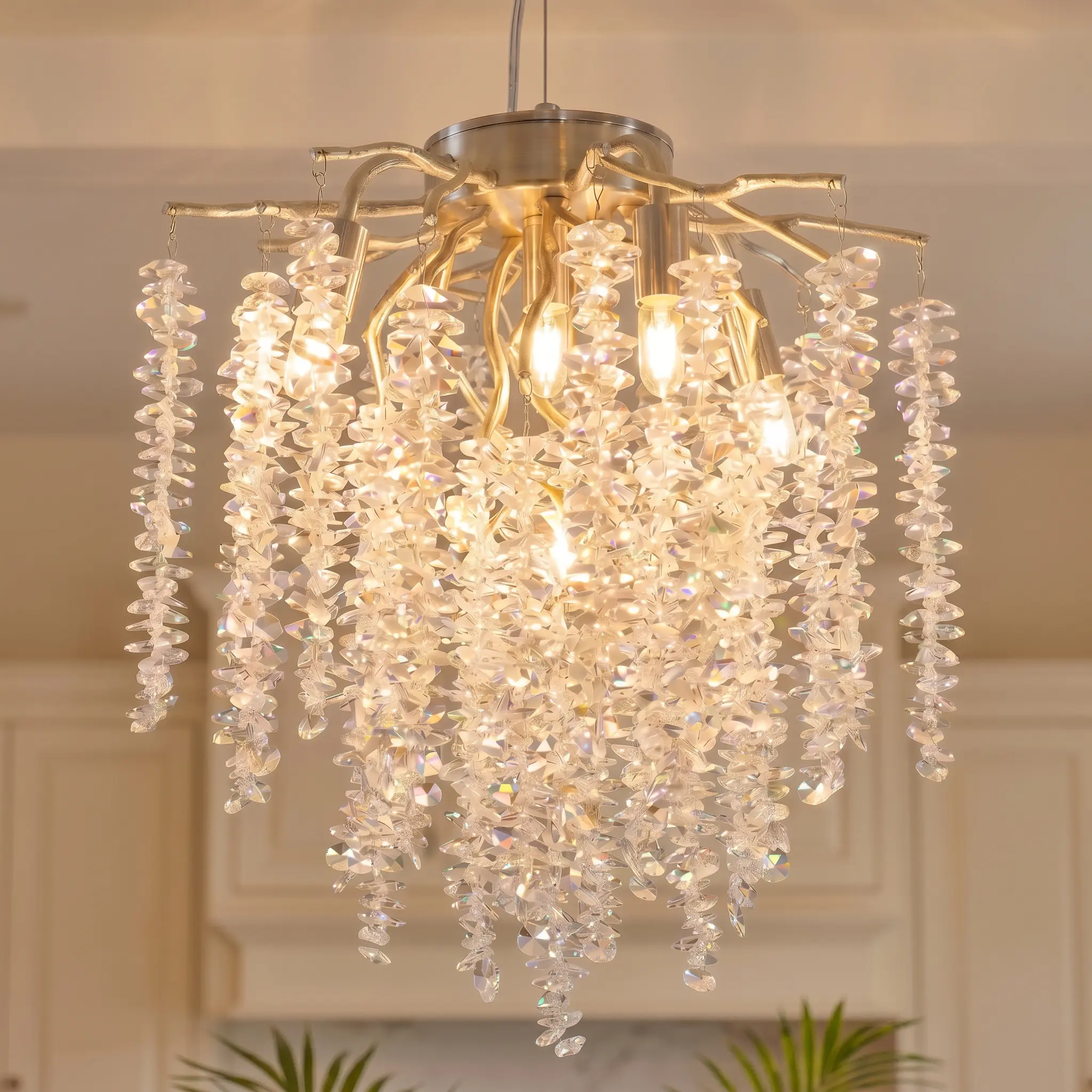 Modern Silver Crystal Chandelier, Glam Tree Branch K9 Crystal Pendant Light, Dimmable Hanging Ceiling Fixture, Luxury Waterfall Crystal Lamp For Kitchen Island, Corridor, Bedroom, Foyer, Dining Room, Bulbs Not Included