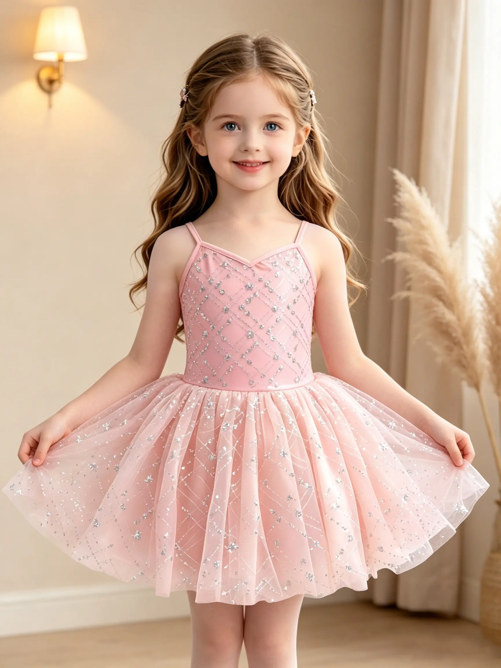Toddler Girls V Neck Spaghetti Strap Pink Princess Dress Silver Grid Star Sequin Embellished Bodice Sparkly Tulle Tutu Skirt Soft Outfit for Ballet Recital Birthday Party Daily Pretend Play